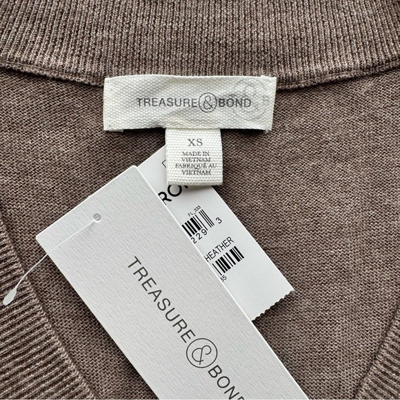 TREASURE & BOND Relaxed V Neck Sweater XS Brown Drop Shoulder High Low Tunic New - Picture 3 of 15